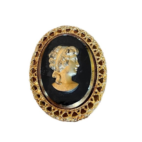 Oval Goldtone Black Cameo Brooch or Necklace Pendant 2" - Picture 3 of 8